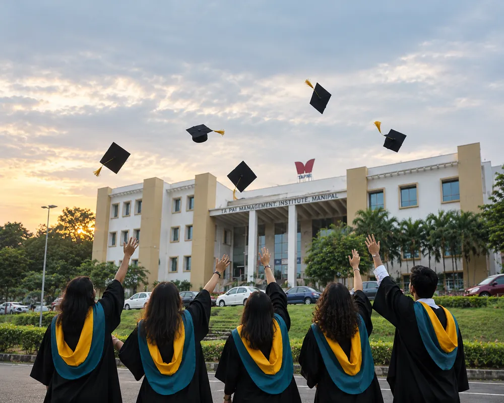 TAPMI graduates celebrating in front of the Manipal campus
